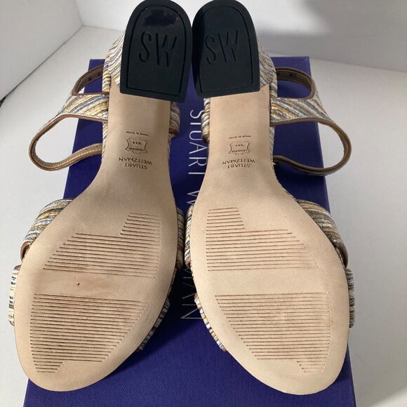 Womens Stuart Weitzman Sunlover Beige Weave Nappa Heeled Leather Sandal 9N - Picture 7 of 11